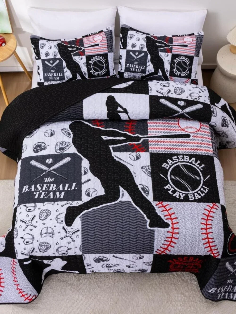 Kids Quilt Set Twin Size Sports Geometric Grid Black Patchwork Baseball Printed